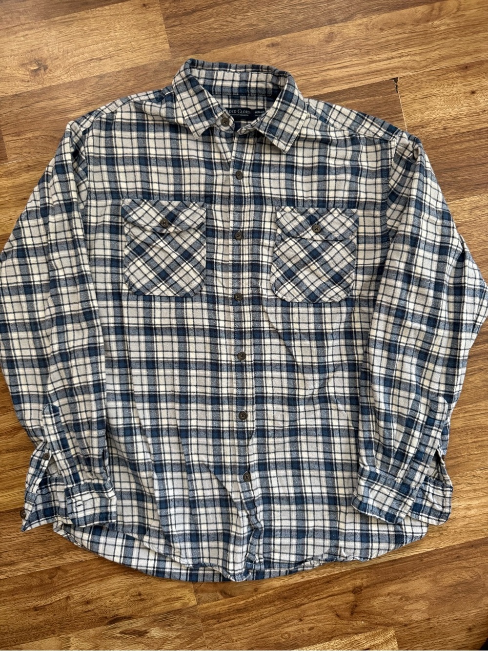 Faded Glory Blue and White Plaid Button-Down Shirt
